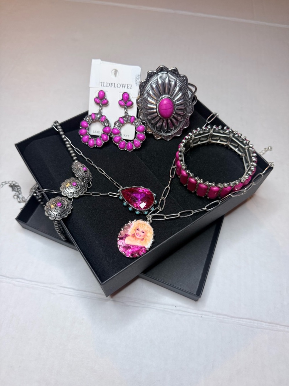 Wildflowers Hot Pink and Silver Mixed Jewelry Set - Earrings & Bracelets